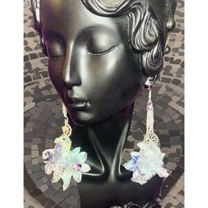 Genuine Peacock Jasper Pearalized Multicolor LNG 4"  Dangle Lily Earrings Hypo-A